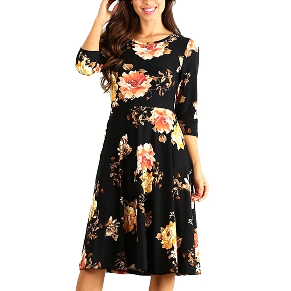 HarvestOfLove Dresses & Skirts - BLACK FLORAL MIDI DRESS